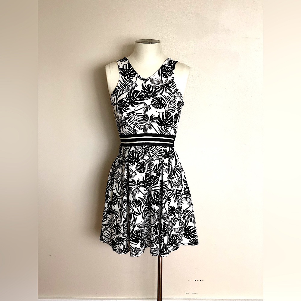 Floral Monstera Black and White Dress